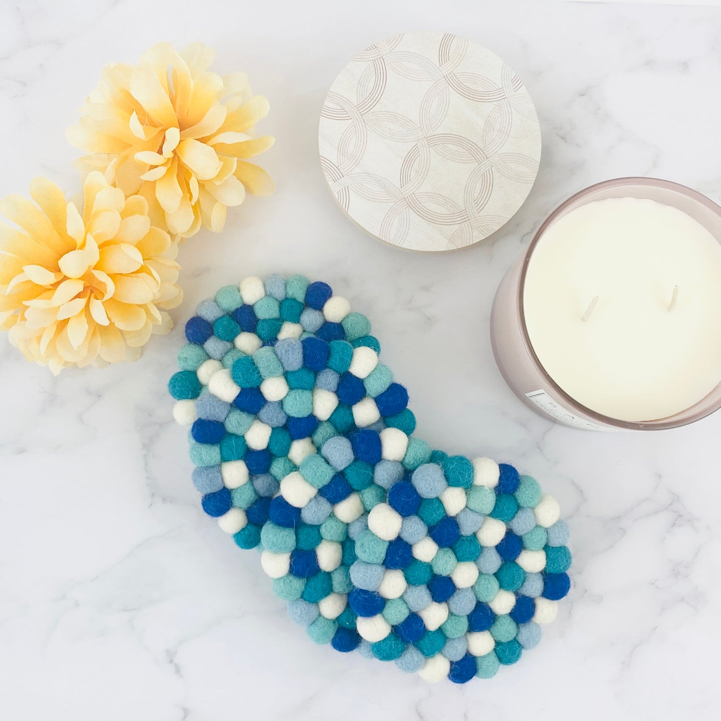 Ocean Blue Felt Ball Coaster Set