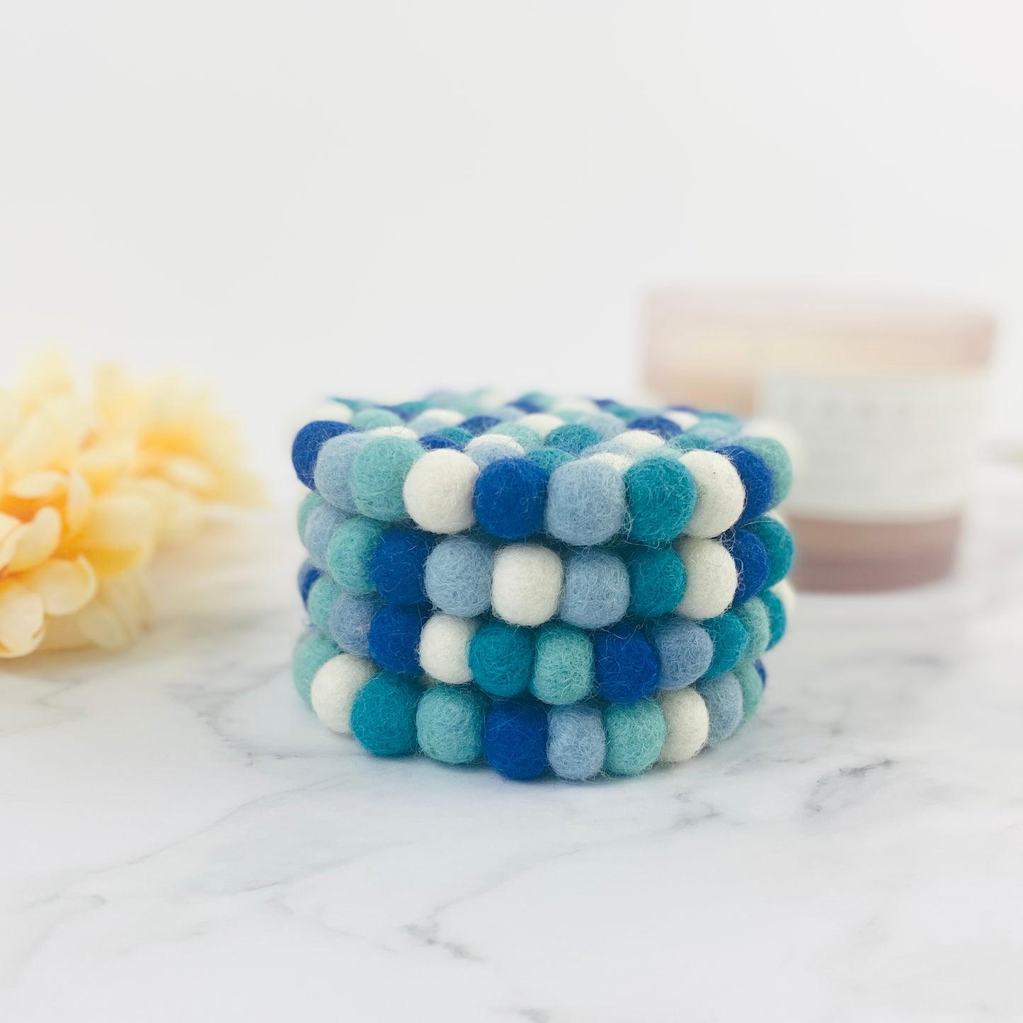 Ocean Blue Felt Ball Coaster Set