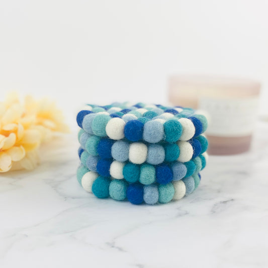 Ocean Blue Felt Ball Coaster Set