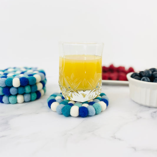 Ocean Blue Felt Ball Coaster Set